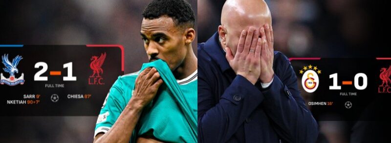 Gambar ekspresi pemain Liverpool kalah beruntun setelah menelan dua kekalahan mengejutkan—di Liga Inggris melawan Crystal Palace dan di Liga Champions melawan Galatasaray.