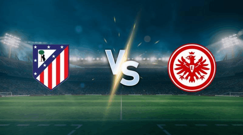 Logo Atletico Madrid vs Eintracht Frankfurt di stadion dengan suasana pertandingan malam Liga Champion.