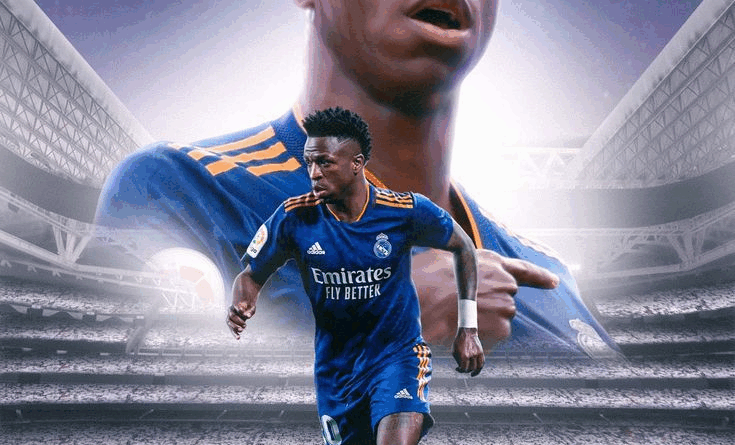 Vinícius Jr. beraksi bersama Real Madrid dengan jersey biru musim 2023.