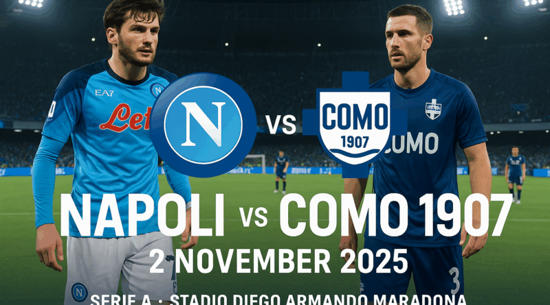Banner pertandingan epik Napoli vs Como 1907 di Serie A 2 November 2025, menampilkan pemain dari kedua tim di Stadio Diego Armando Maradona dengan latar stadion megah dan logo klub yang mencolok.