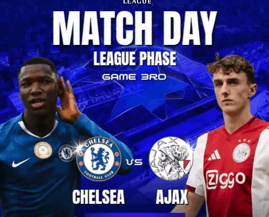 pertandingan Chelsea vs Ajax di Stamford Bridge dalam ajang Liga Champions UEFA 23 Oktober 2025, menampilkan logo kedua klub dan suasana stadion yang megah.