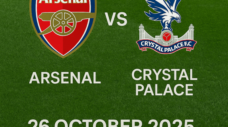pertandingan Arsenal vs Crystal Palace di Premier League 26 Oktober 2025, menampilkan logo kedua klub di atas lapangan hijau dengan detail waktu dan tempat pertandingan di Emirates Stadium, London.