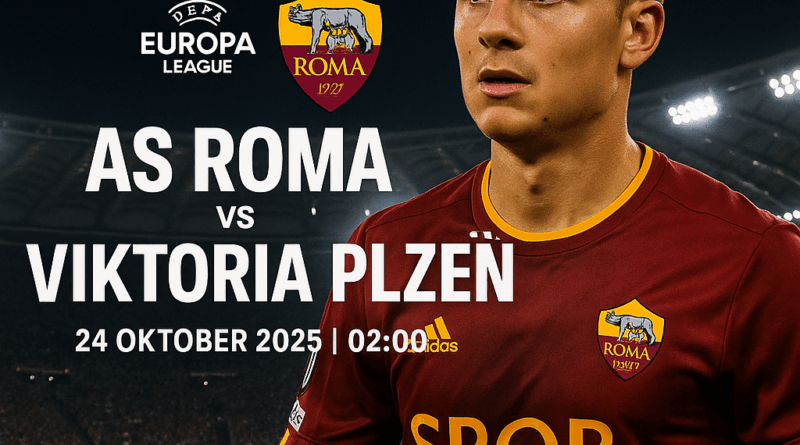pertandingan AS Roma vs Viktoria Plzen di Liga Europa 24 Oktober 2025 dengan Paulo Dybala mengenakan seragam merah marun di Stadio Olimpico.