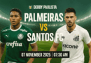 Derby Paulista Palmeiras vs Santos FC Serie A Brasil 2025/26 dengan latar stadion penuh sorak suporter dan dua pemain andalan dari masing-masing tim.