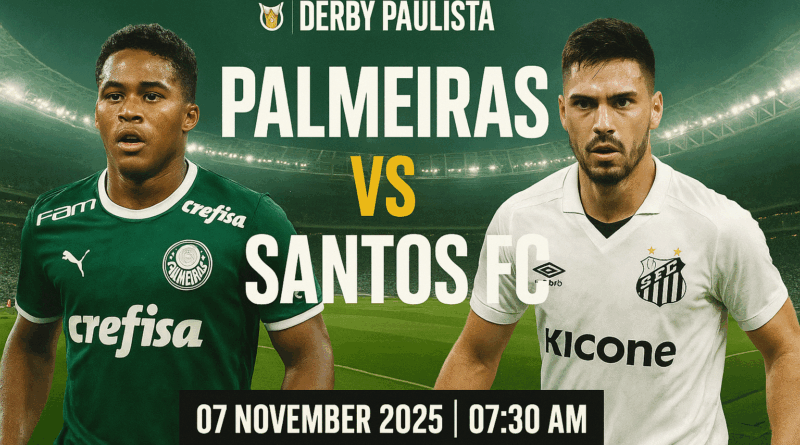 Derby Paulista Palmeiras vs Santos FC Serie A Brasil 2025/26 dengan latar stadion penuh sorak suporter dan dua pemain andalan dari masing-masing tim.
