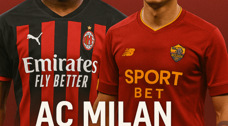 pertandingan Serie A antara AC Milan vs AS Roma menampilkan Rafael Leão dan Paulo Dybala dengan latar merah, disertai tulisan tanggal dan waktu pertandingan.