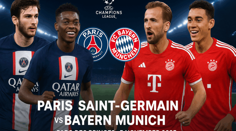 Duel sengit antara Paris Saint-Germain dan Bayern Munich di Parc des Princes dalam lanjutan Liga Champions UEFA 2025/26, menampilkan para bintang seperti Kylian Mbappé, Khvicha Kvaratskhelia, Harry Kane, dan Jamal Musiala di bawah sorotan lampu stadion.