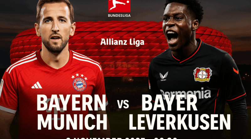 pertandingan Bayern Munich vs Bayer Leverkusen di Allianz Arena pada 2 November 2025 pukul 00:30, menampilkan Harry Kane dan Jeremie Frimpong dengan latar stadion berwarna merah.