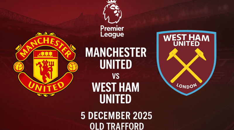 pertandingan Premier League menampilkan logo Manchester United di sebelah kiri dan logo West Ham United di sebelah kanan, dengan teks informasi “Manchester United vs West Ham United, 5 December 2025, Old Trafford” di tengah.